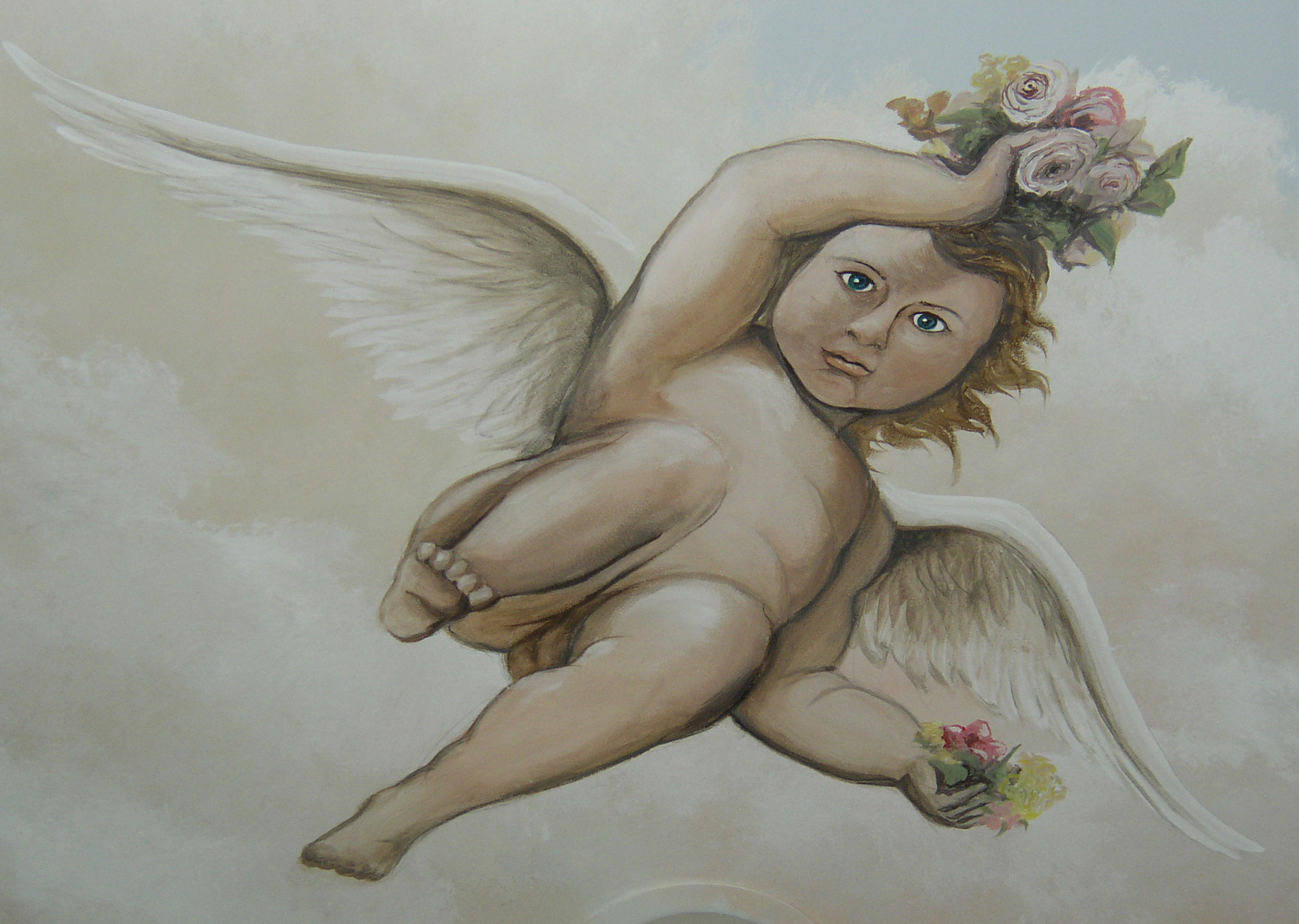 Trompe L'oeil Mural with Cherub and Flowers